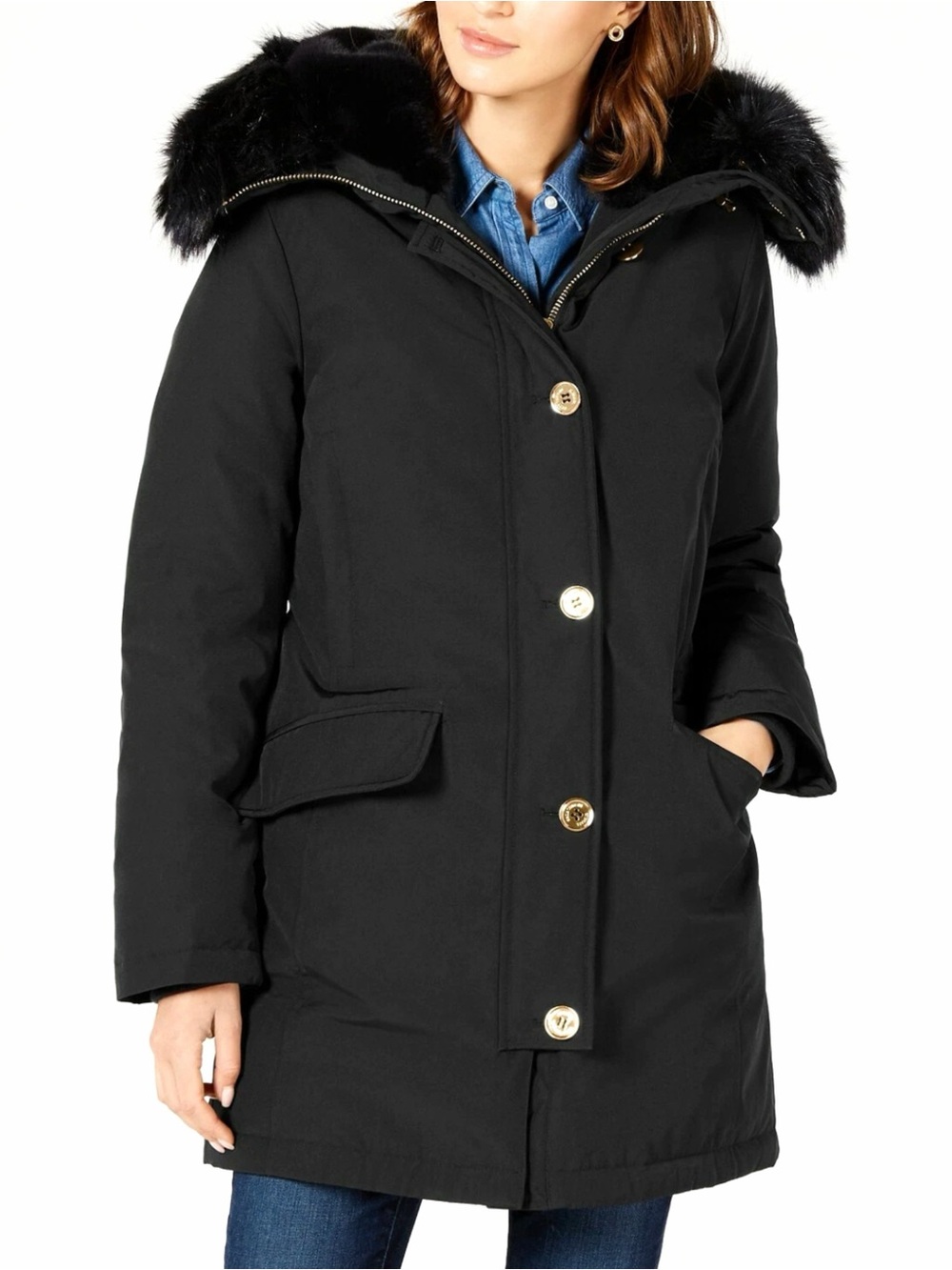Michael Kors Black Down Faux Fur-Trim Hooded Parka Puffer Heavy Coat